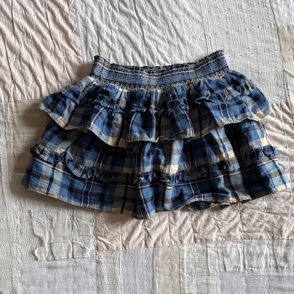 Love Shack Fancy flannel cotton plaid blue tiered skirt size 12